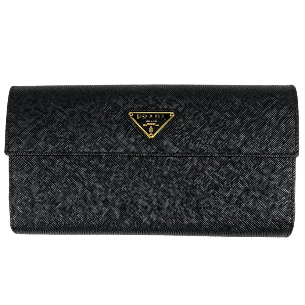 Prada Plate Long Wallet Double Snap Closure Saffiano Leather Nero Black